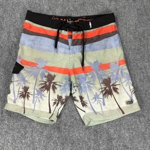 Maui and Sons Men's 34 Black Shark 4 Way Stretch Palm Tree Striped Board Shorts